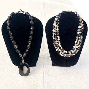 Lot of 2 Artisan Necklaces Real stone agate large pendant triple strand